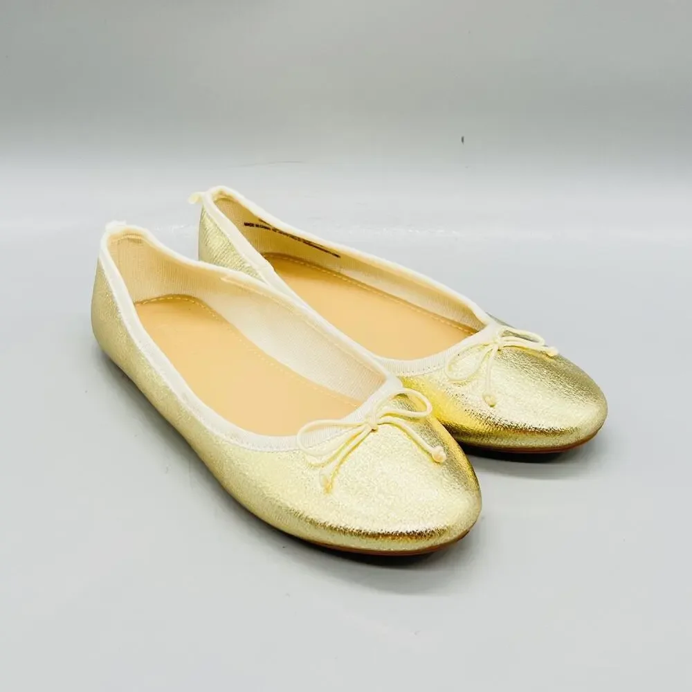 J Crew Shoes Girls 2 Gold Metallic Ballet Flats Bow Slip On Dress Casual Party